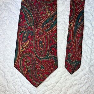 Vintage Neil Martin silk tie, paisley, red, teal, tan, 57”